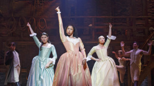 Phillipa Soo as Eliza Schuyler, Renee Elise Goldsberry as Angelica Schuyler, and Jasmine Cephas-Jones as Peggy Schuyler